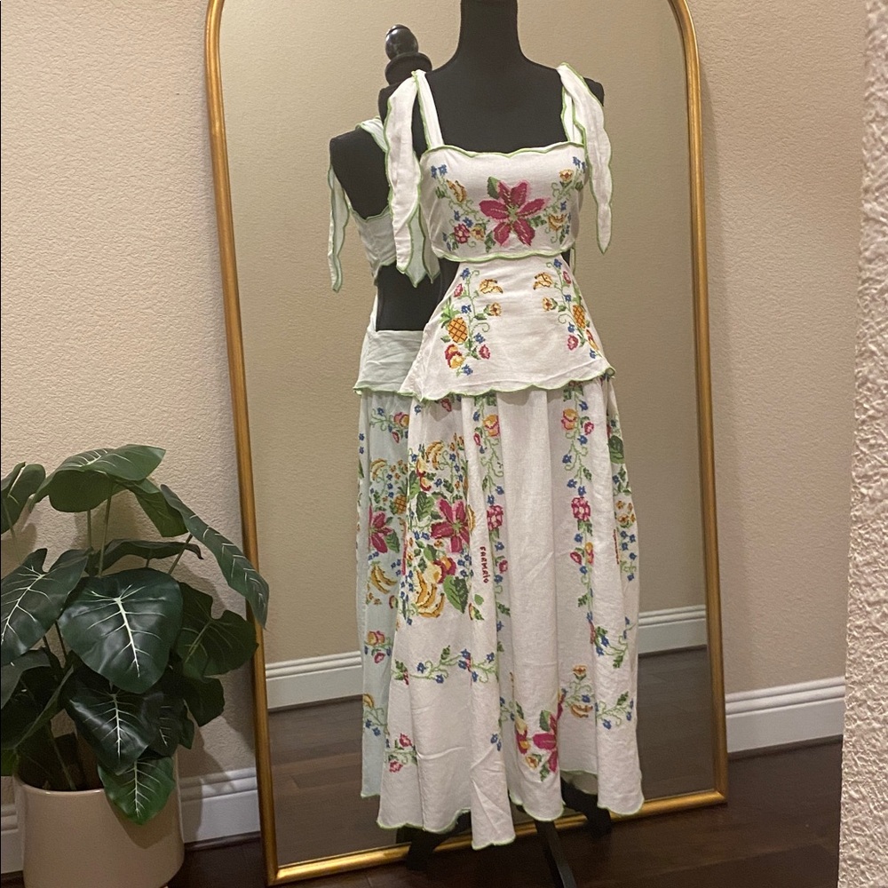 Farm Rio Tropical Romance Floral-embroidered Linen-blend Midi Dress Size XL - Picture 4 of 15